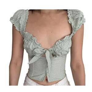 Princess Polly Elouise Crop Top Mint Green Gingham Tie Front Ruffle Size US 2